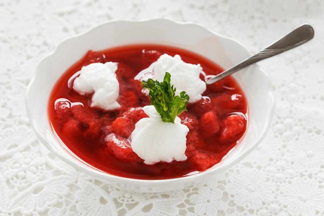 Cold strawberry soup with egg white dumplings