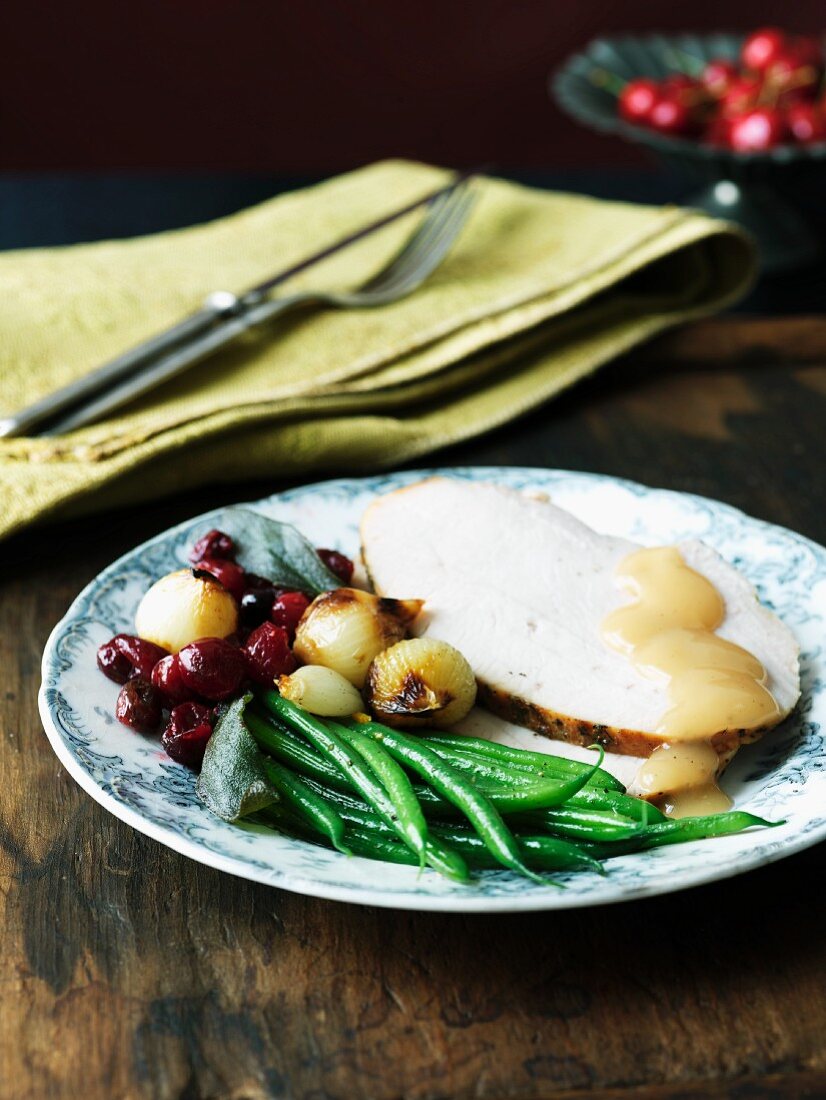 Thanksgiving Plate; Sliced Turkey with Gravy, Green Beans, Onions and Cranberries