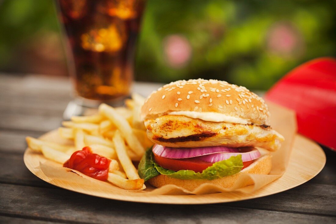 Chicken Sandwich with French Fries; Soda