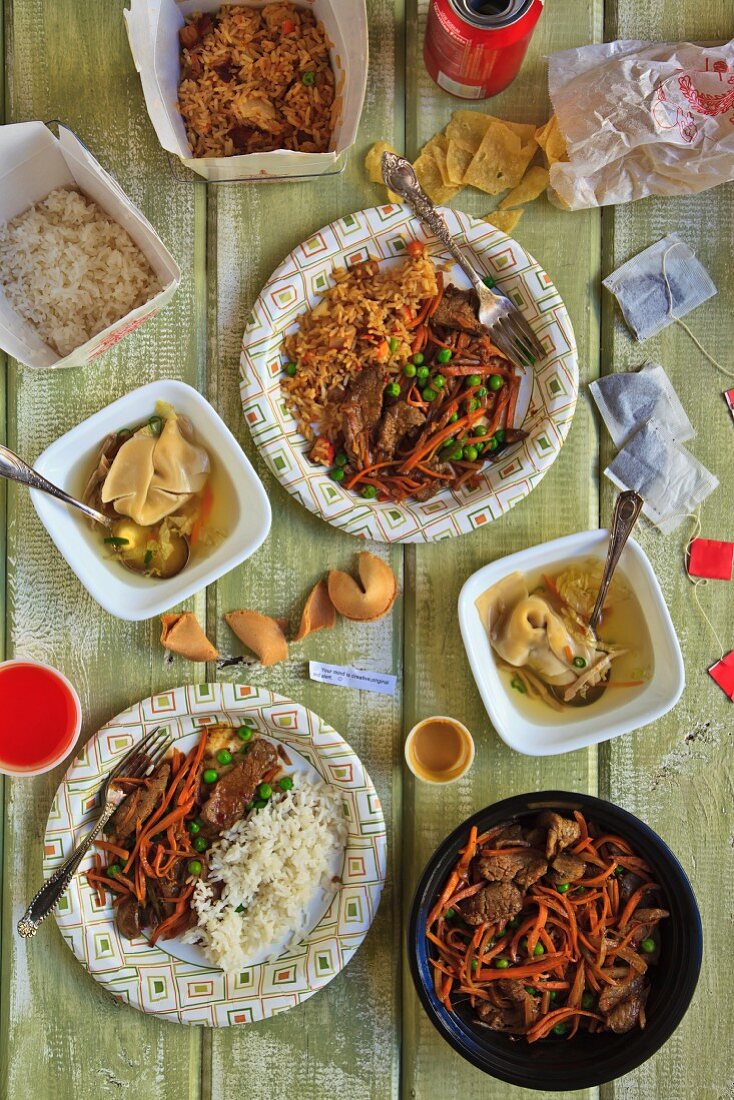 Chinese Take Out Food Spread on a Table; From Above