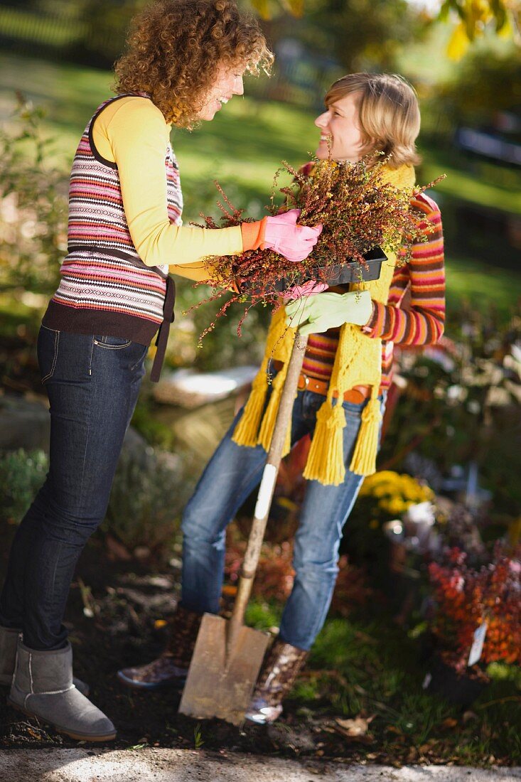 Zwei Frauen mit Spaten & Heidepflanzen im herbstlichen Garten