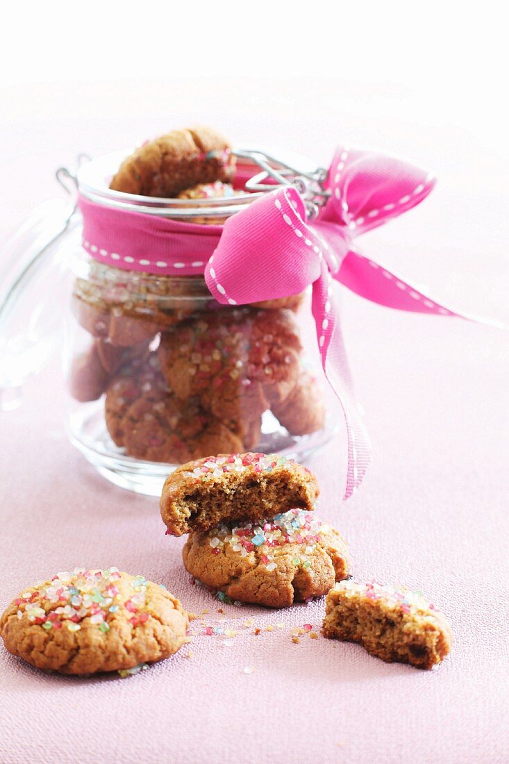 Peanut butter and coffee cookies with coloured sprinkles