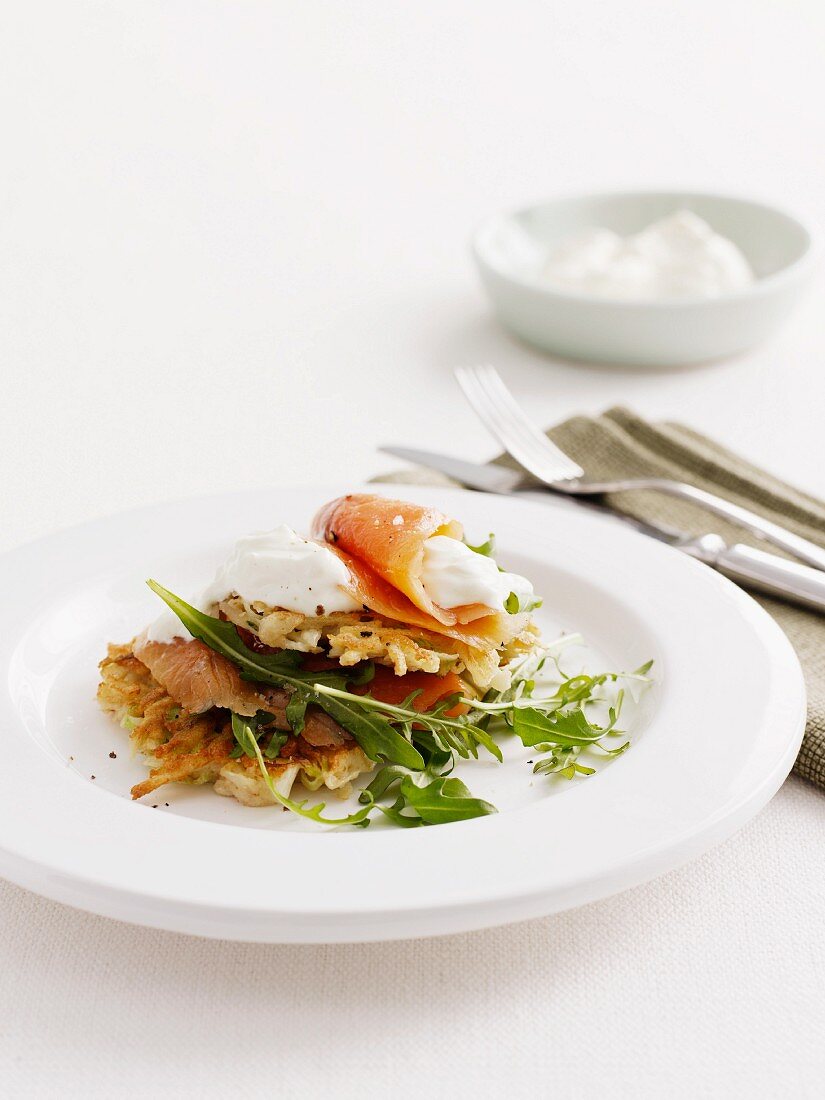 Hash browns with smoked salmon and creme fraiche