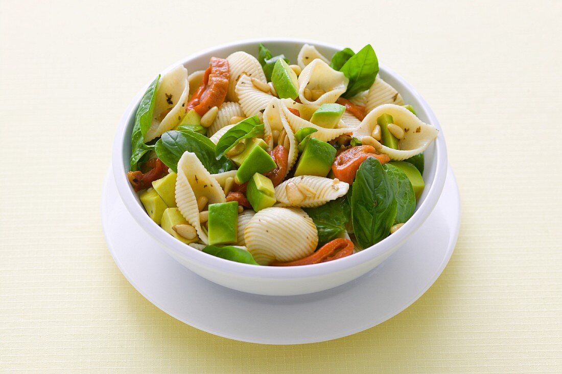 Mussel noodle salad with basil, avocado and roasted peppers