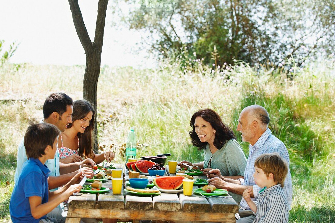 Family eating meal on outdoor table