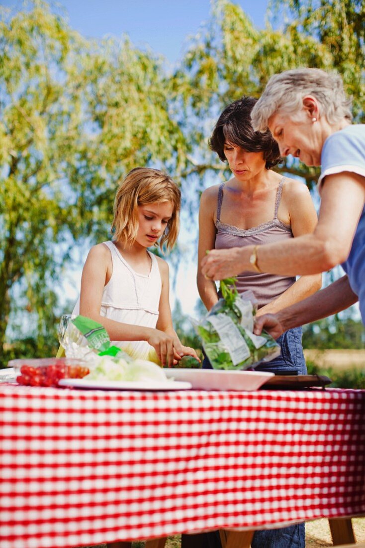 Multi generation family making picnic