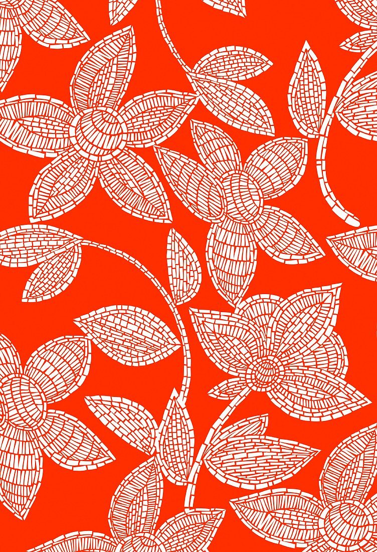 White mosaic flowers on orange background (print)