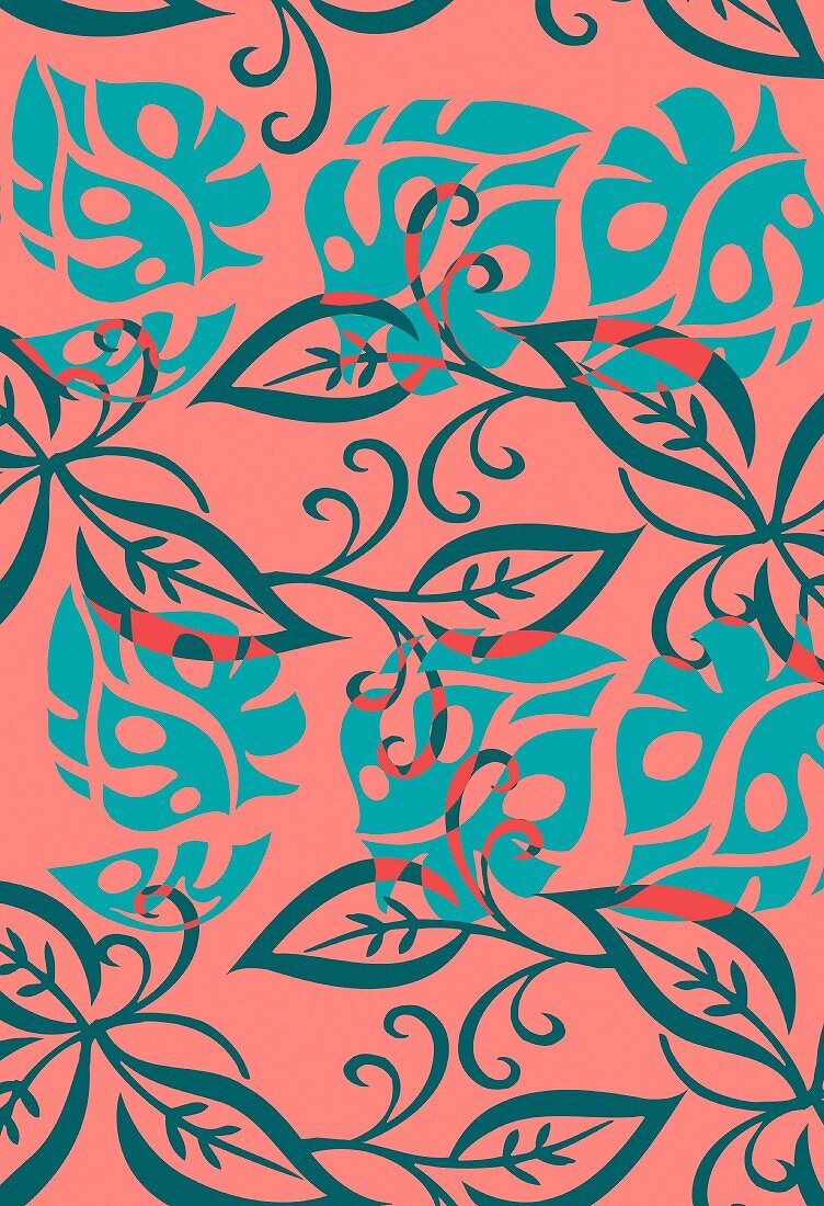 Tropical leaf design in turquoise and coral (print)