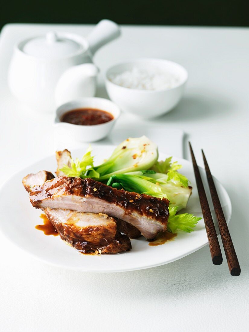 Asian Style Ribs with Chili Sauce with Bok Choy; Chopsticks