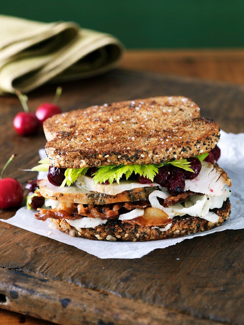 Turkey Sandwich with Bacon and Cranberry Sauce on Multi-Grain Bread