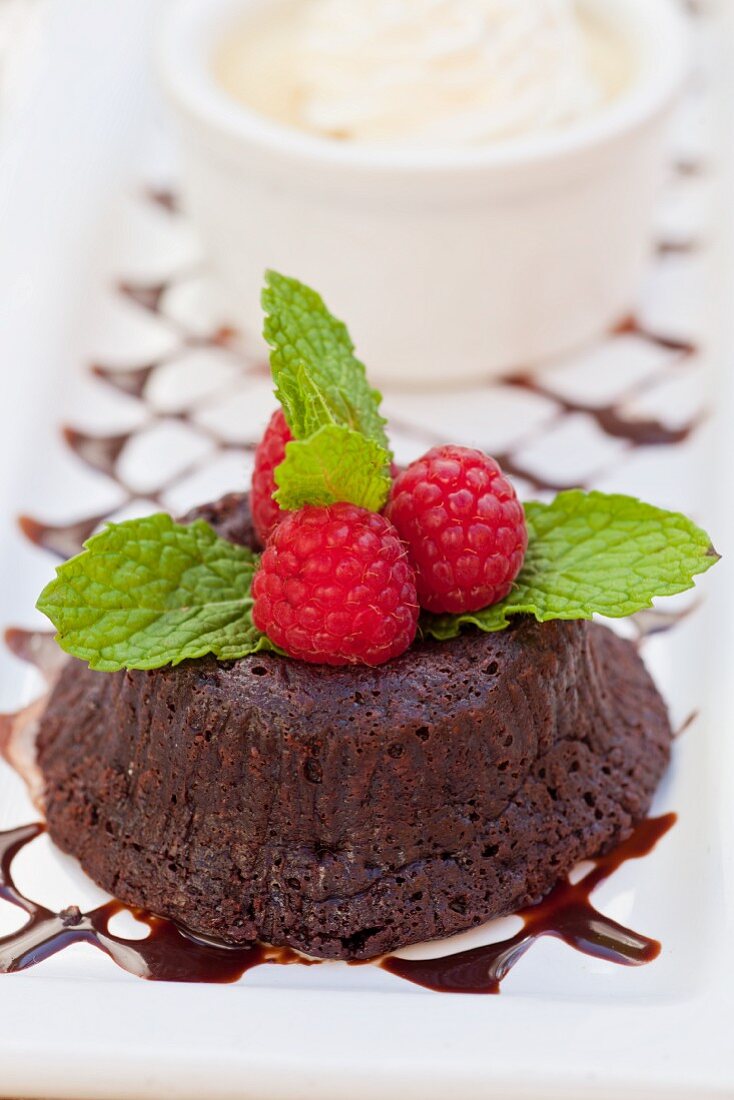 Individual Flourless Chocolate Cake with Fresh Raspberries and Mint Leaves