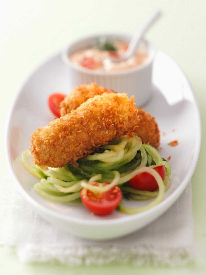 Potato croquette on a bed of vegetable spaghetti with a dip