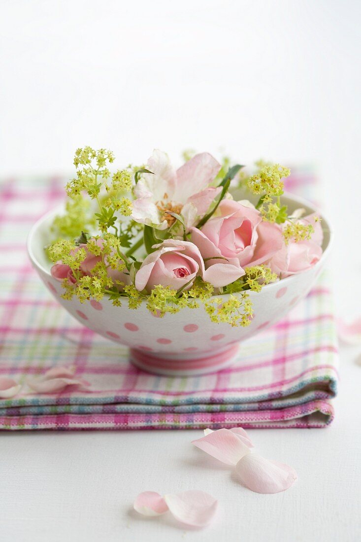 Pink roses and lady's mantle in a bowl