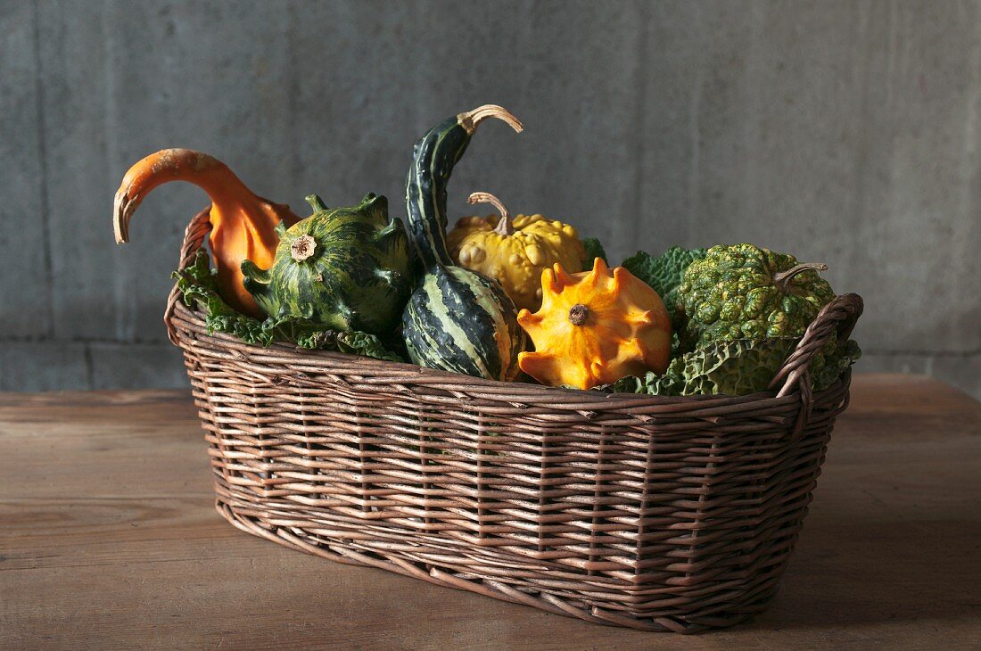 A basket of ornamental squashes