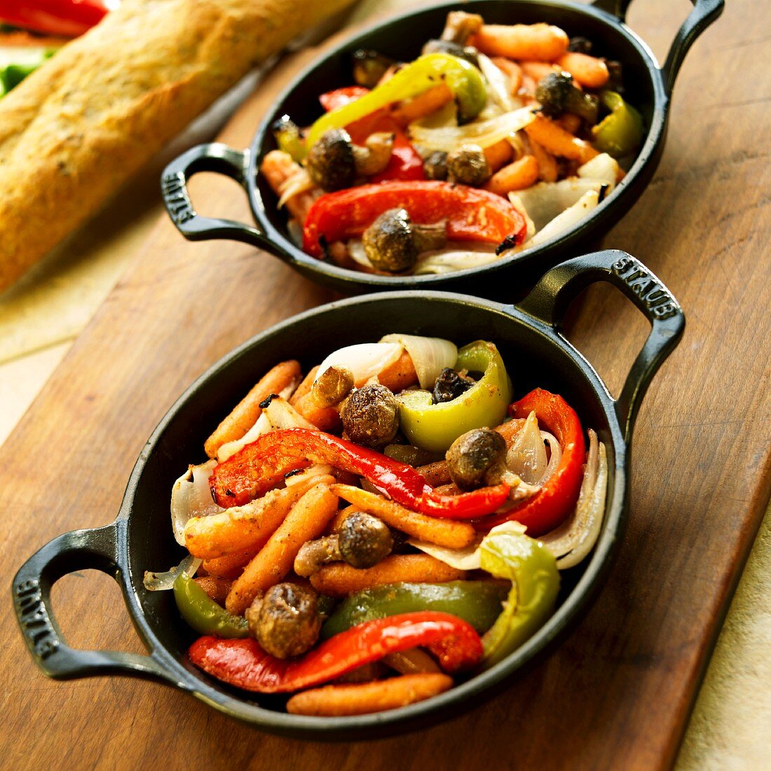 Mixed Roasted Vegetables in Cast Iron Skillets