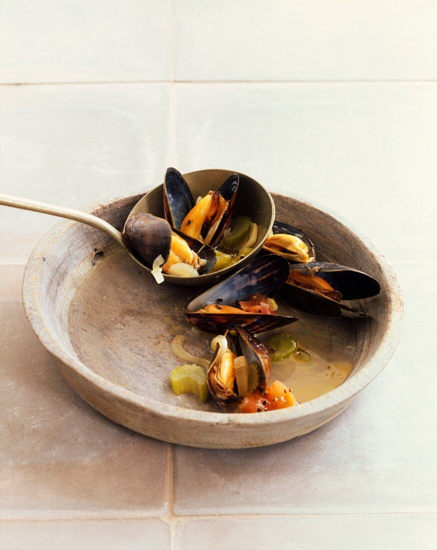 Miesmuscheln in Weißweinsud mit Staudensellerie, Tomaten und Zwiebeln