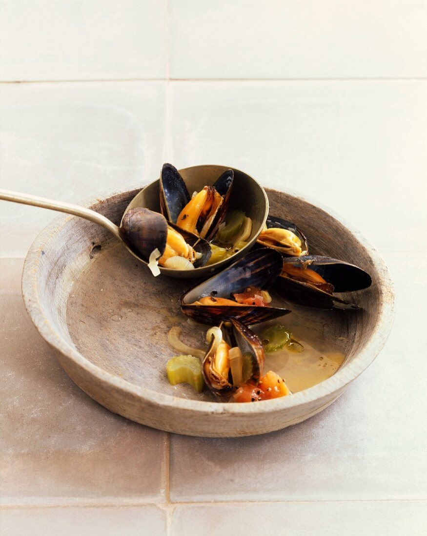 Mussels in a white wine reduction with celery, tomatoes and onions