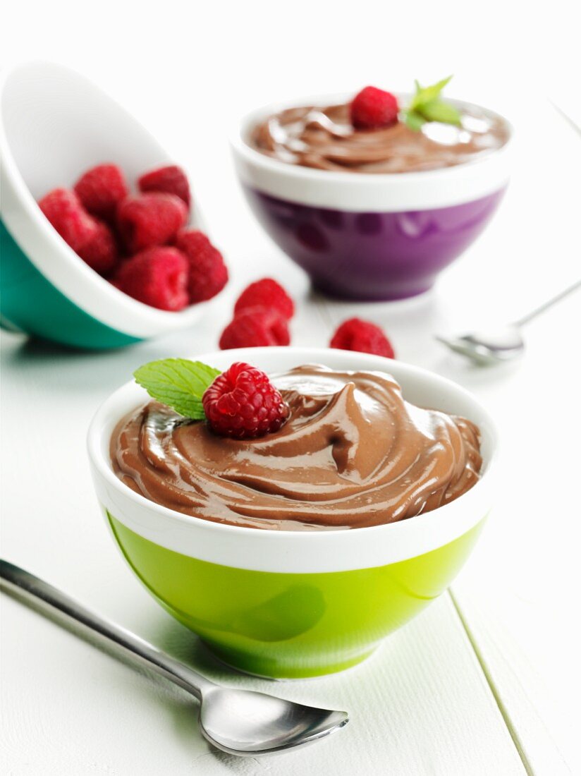 Bowls of Chocolate Pudding with Raspberries