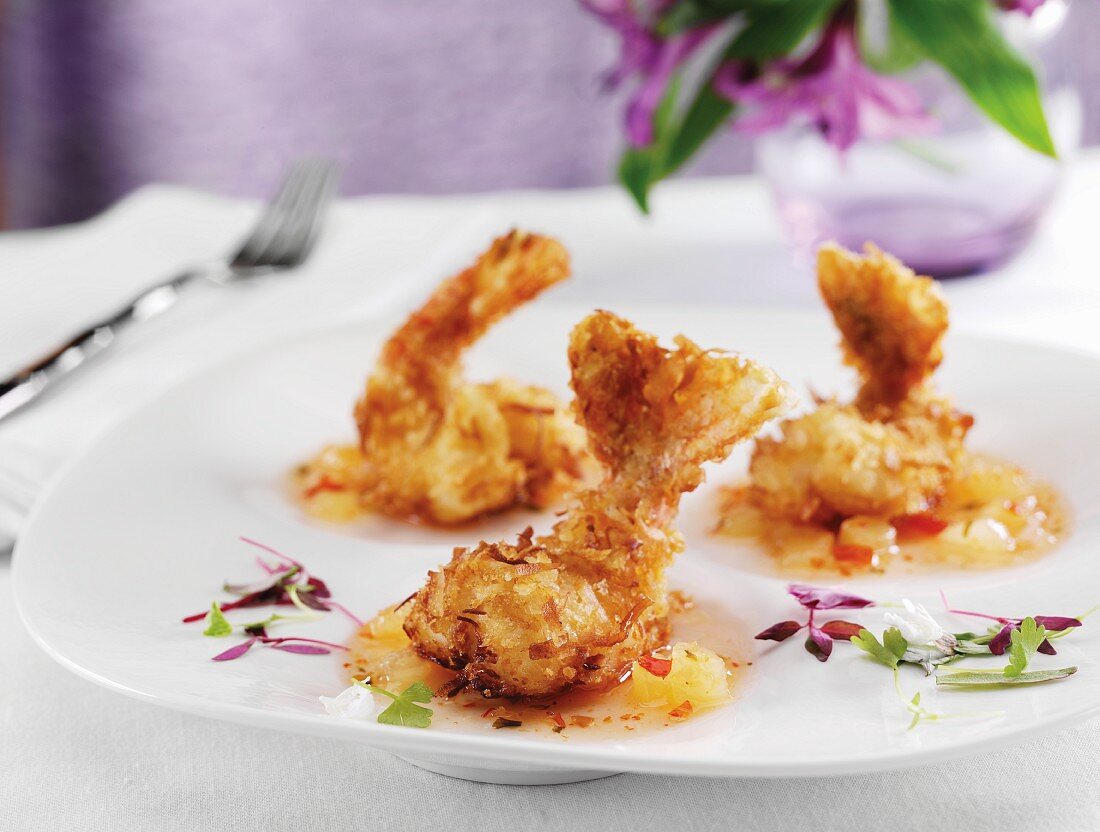 Coconut Crusted Tiger Shrimp with Sweet and Sour Sauce and Micro Greens