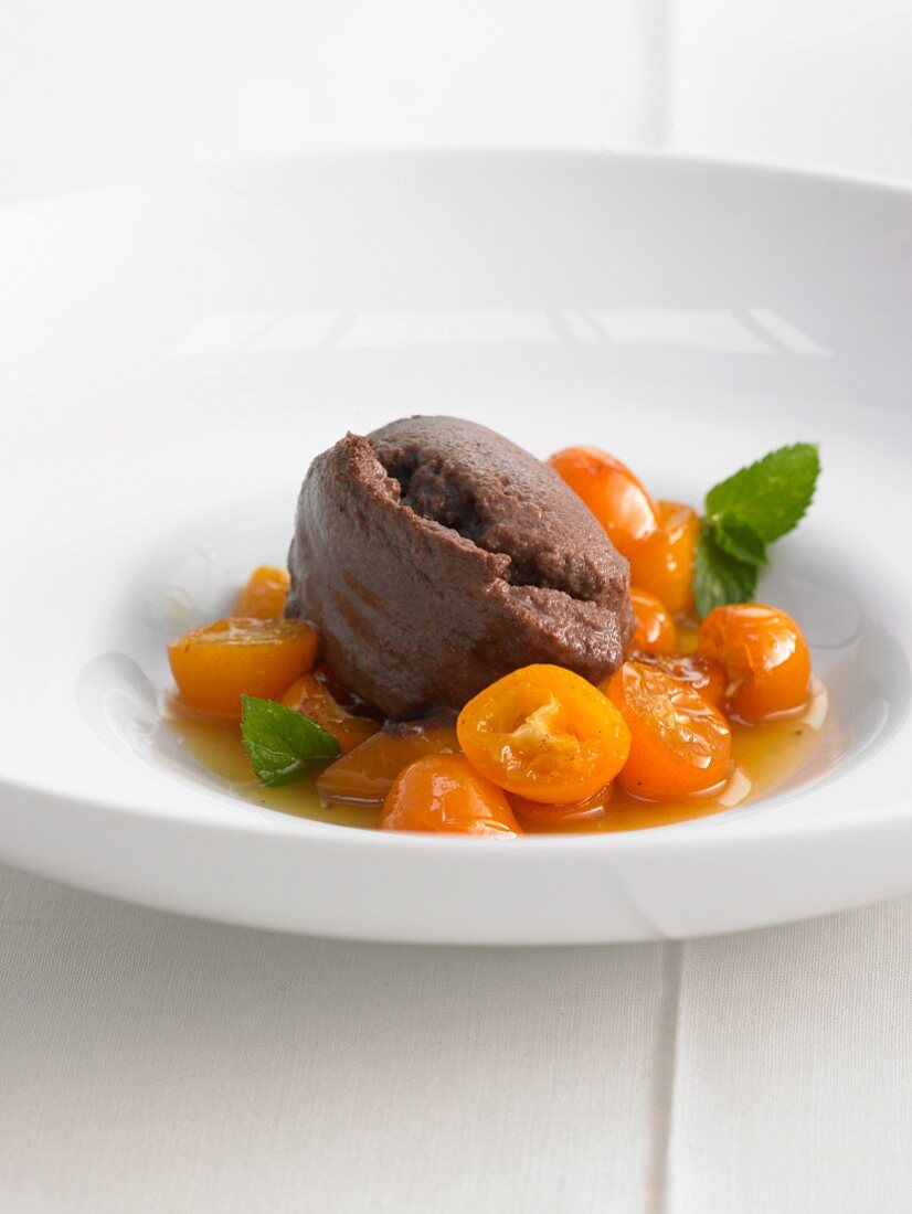 Chocolate sorbet with kumquats and mint