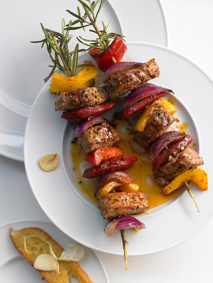 Pork, pepper and onion skewers