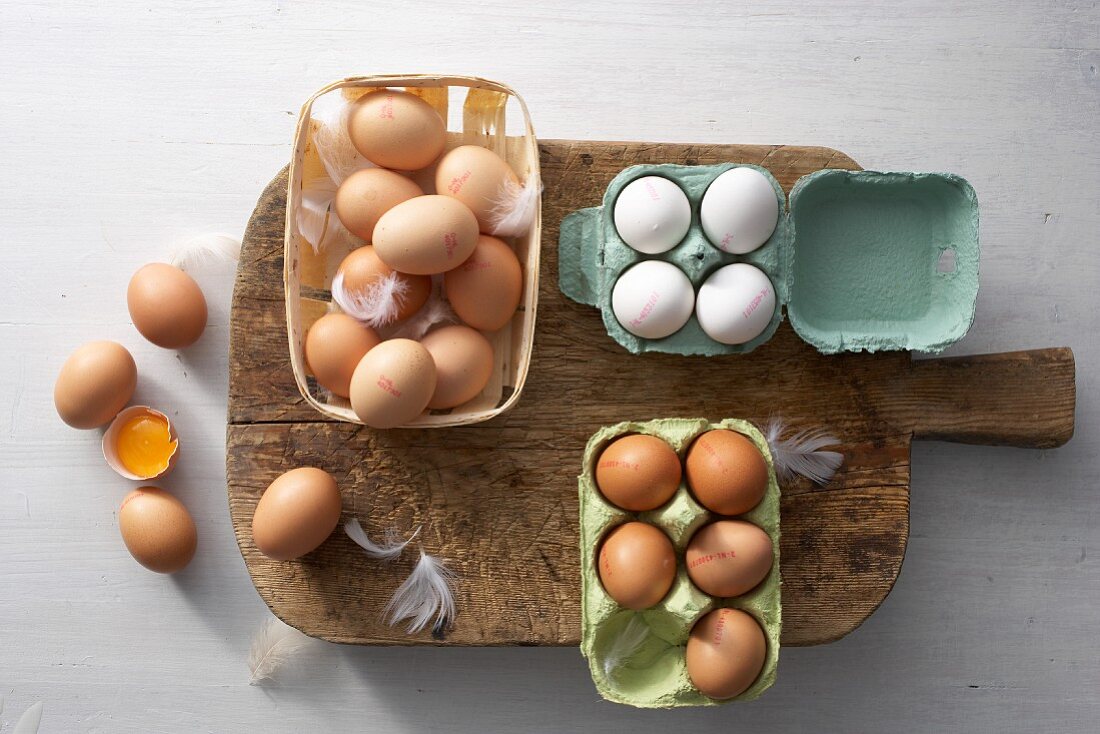 weiße und braune Eier in Eierkartons