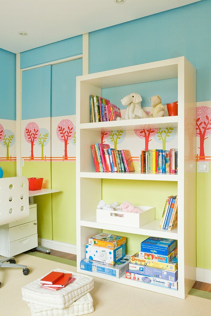 For kids - landscape wall stencils and sliding closet doors; in front open shelving with toys