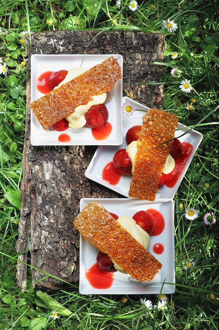 Vanillemousse mit Erdbeeren und Roggenkaramell