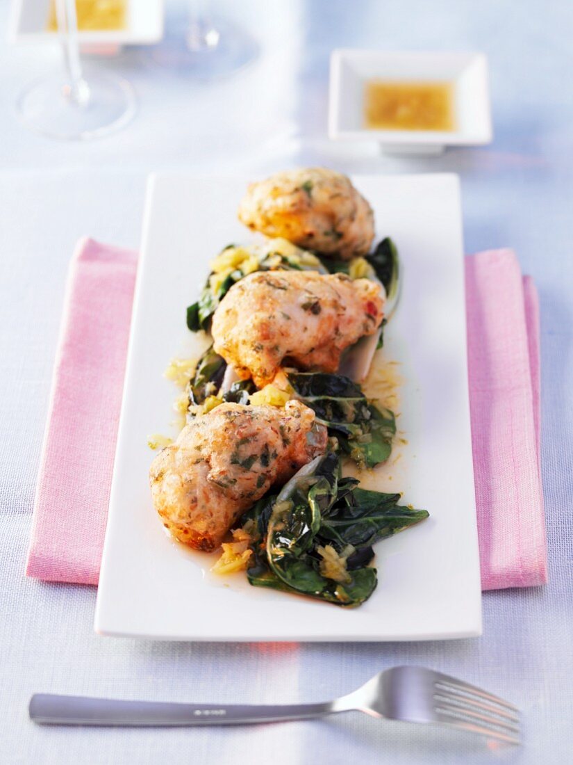 Chicken with a chilli coating and chard (Thailand)