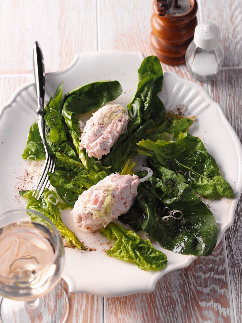 Smoked pork mousse on a bed of chard