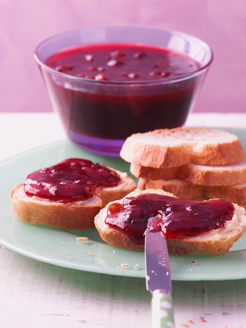 Damson and red wine jam on baguette bread