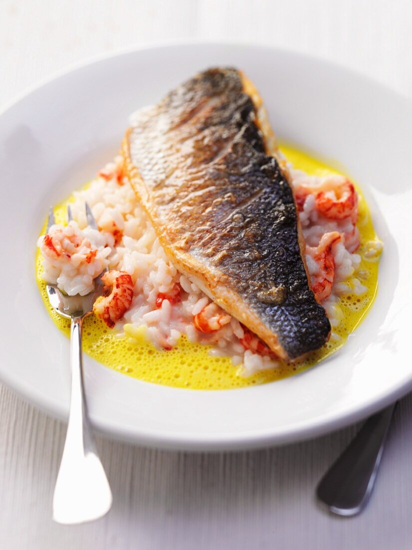 Bass on a crab risotto with saffron sauce