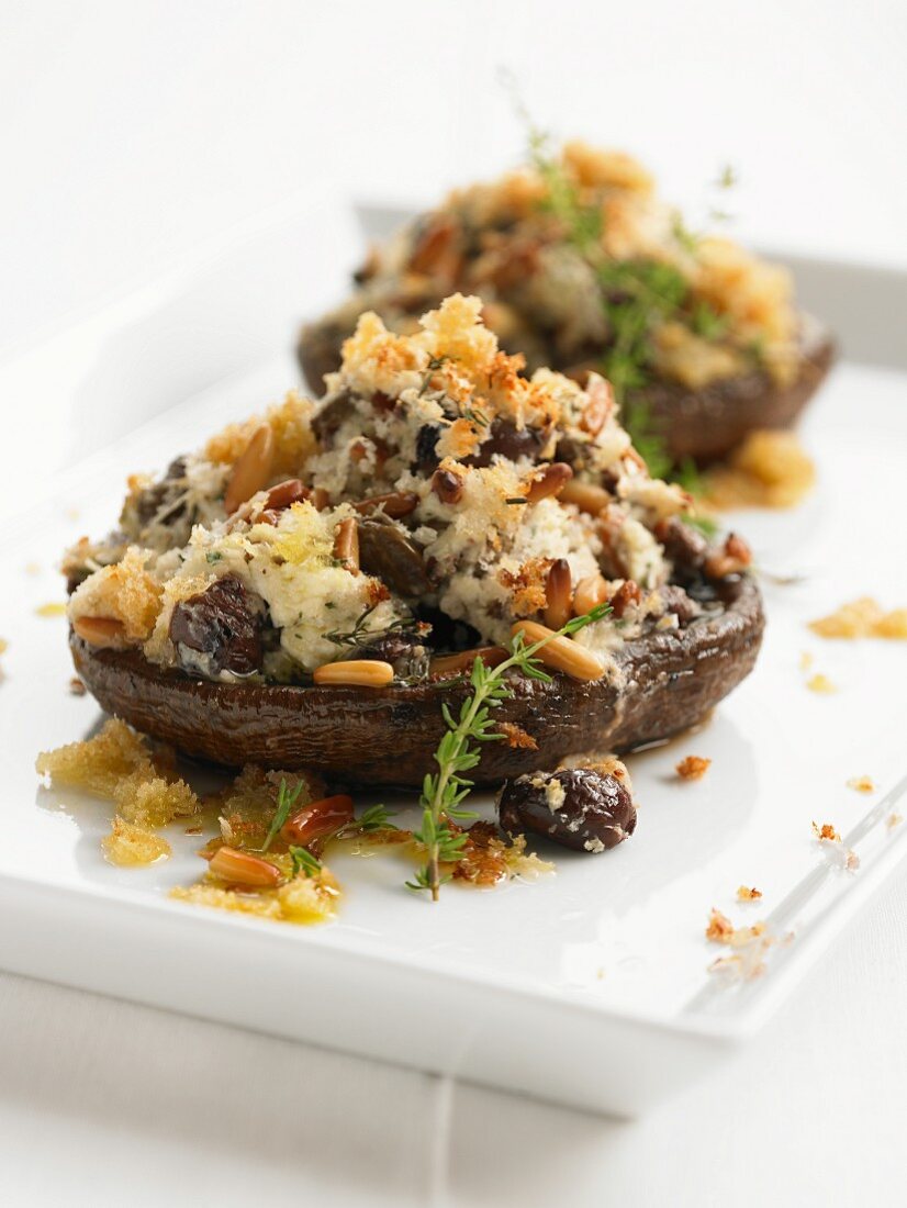 Portobello mushrooms filled with goat's cheese and pine nuts