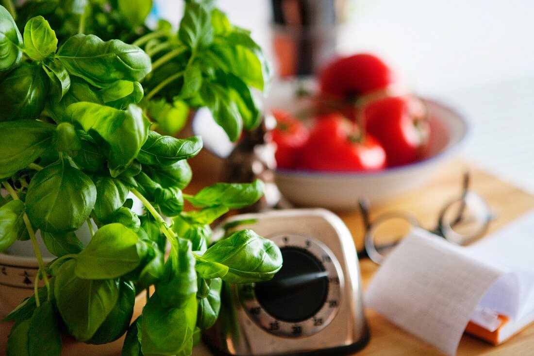 Basilkum, Tomaten, Zeitmesser & Notizblock auf Küchenarbeitsfläche