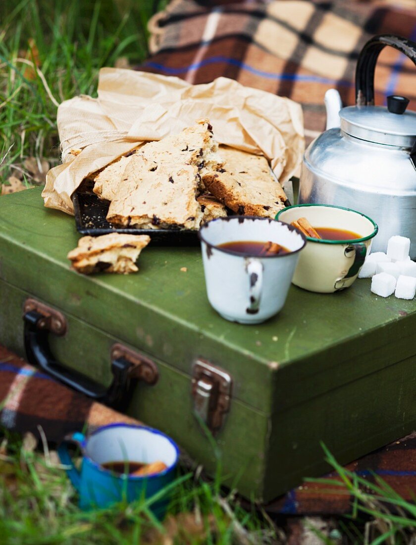 Picknick im Herbst mit Kuchen & Heissgetränk auf Picknickkoffer
