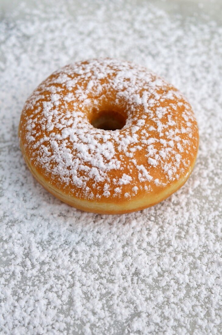 A doughnut dusted with icing sugar