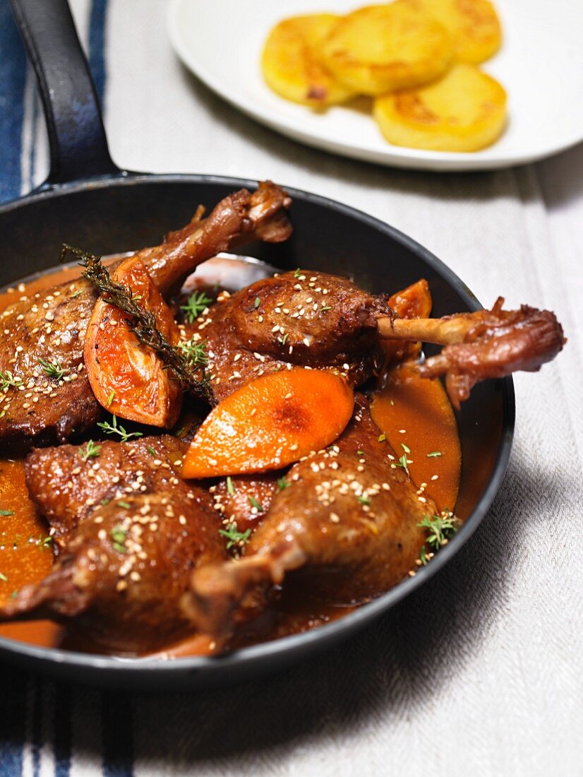 Braised country duck with potato cakes