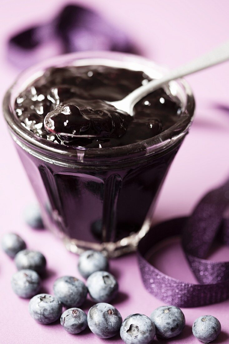 Blueberry jam in a glass dish