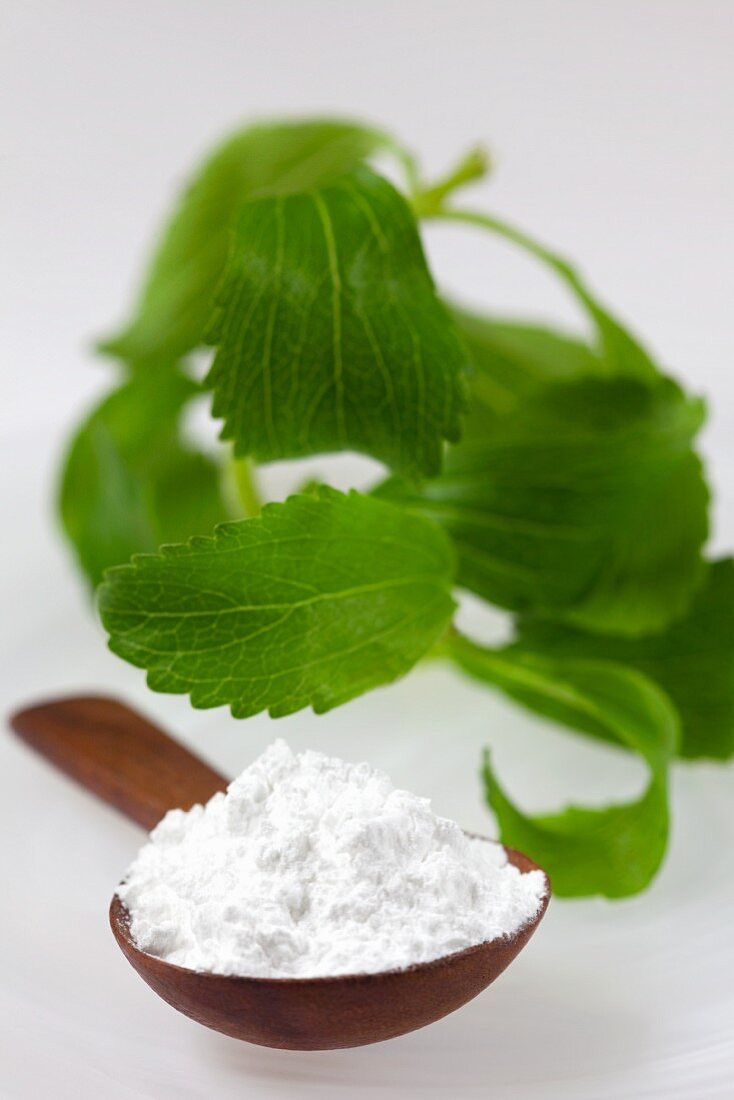 Stevia-Blätter & weisses Stevia-Pulver auf Holzlöffel