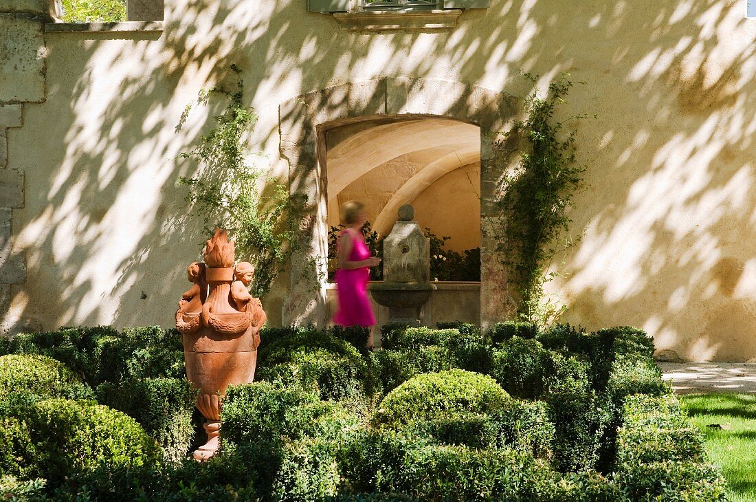 Clipped hedge and pottery garden ornament in grounds of Provence country house