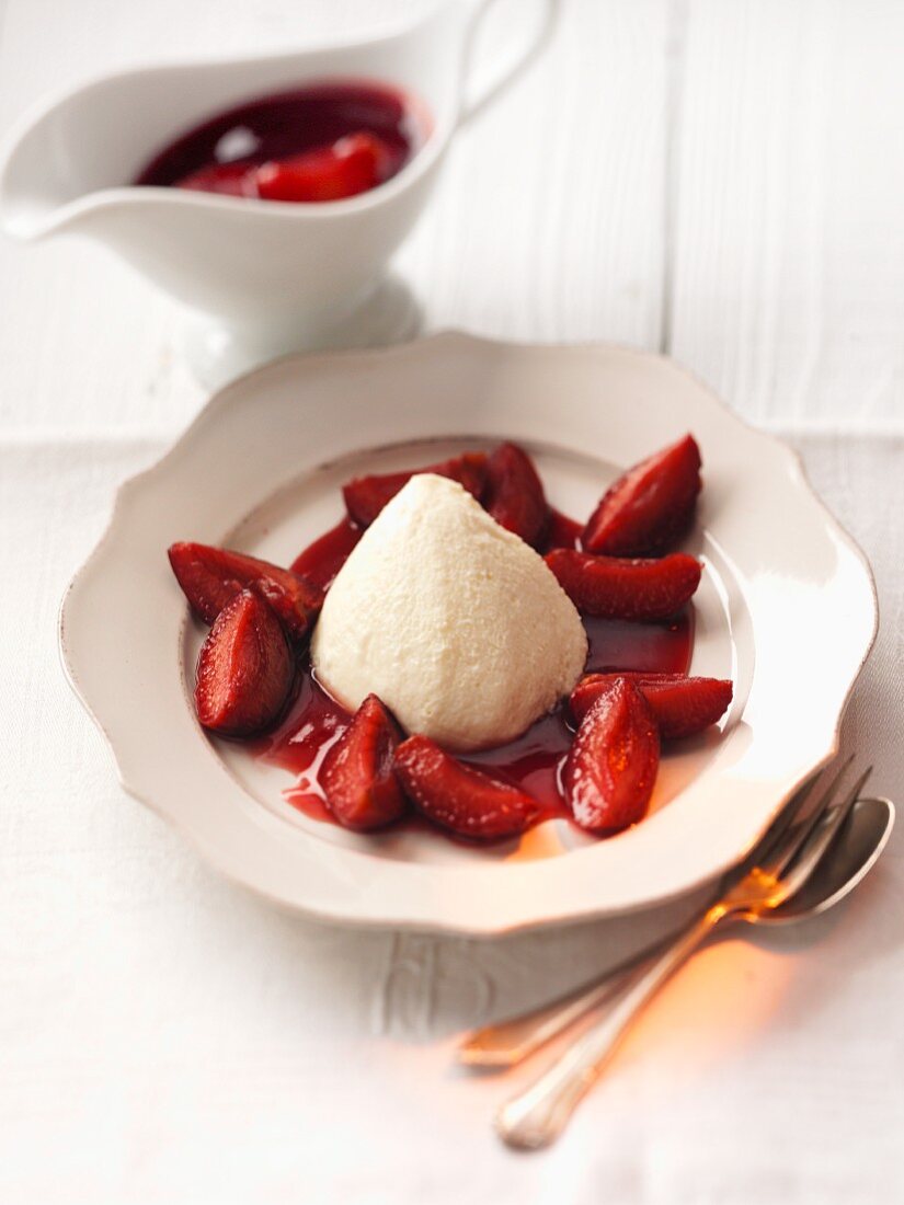 White chocolate mousse with strawberry saue