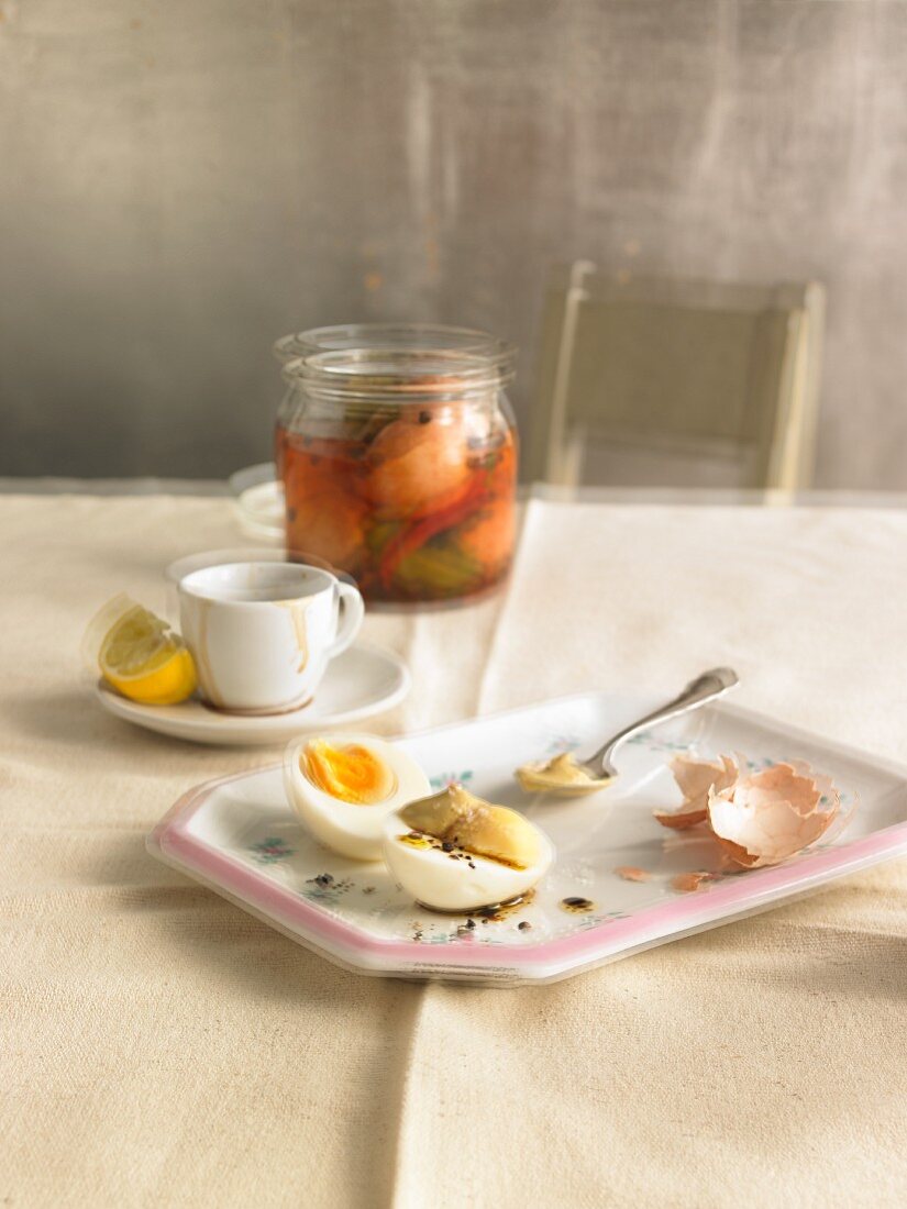 Pickled eggs and espresso with lemons - hangover breakfast