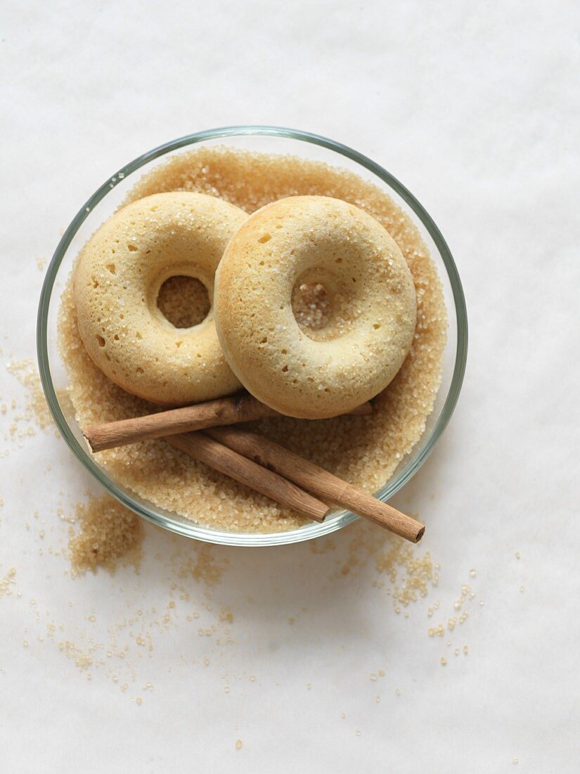 Baked Donuts in a Bowl of Cinnamon Sugar