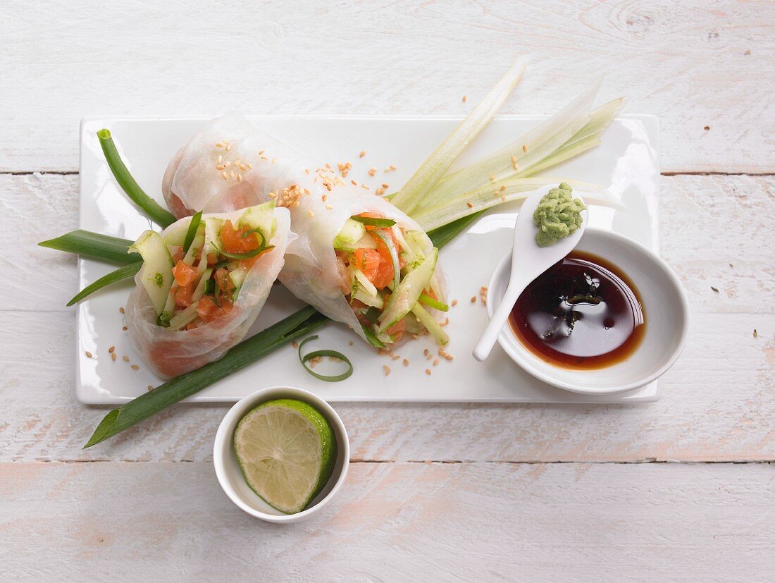 Rice paper rolls with salmon tartar (Asia)