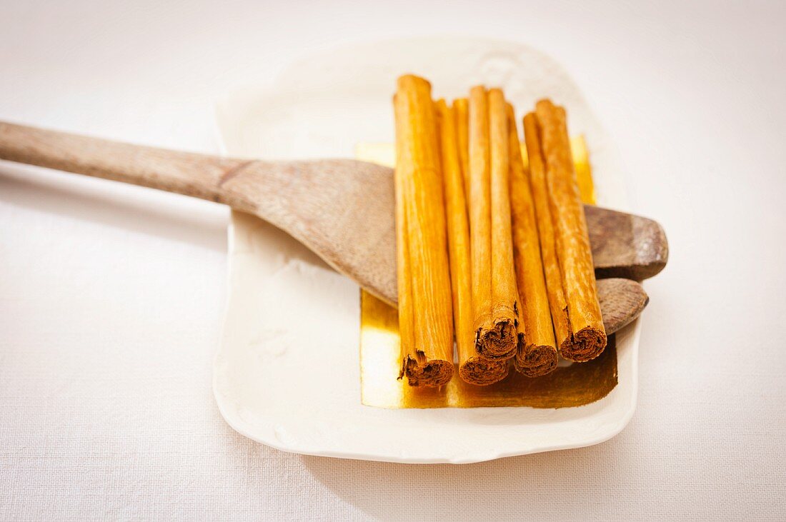 Cinnamon sticks on a wooden spoon