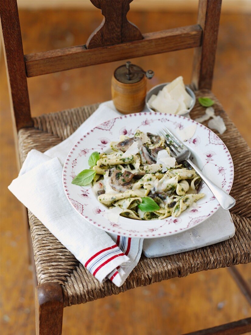 Pasta ai funghi (pasta with mushrooms and Bechamel sauce, Italy)
