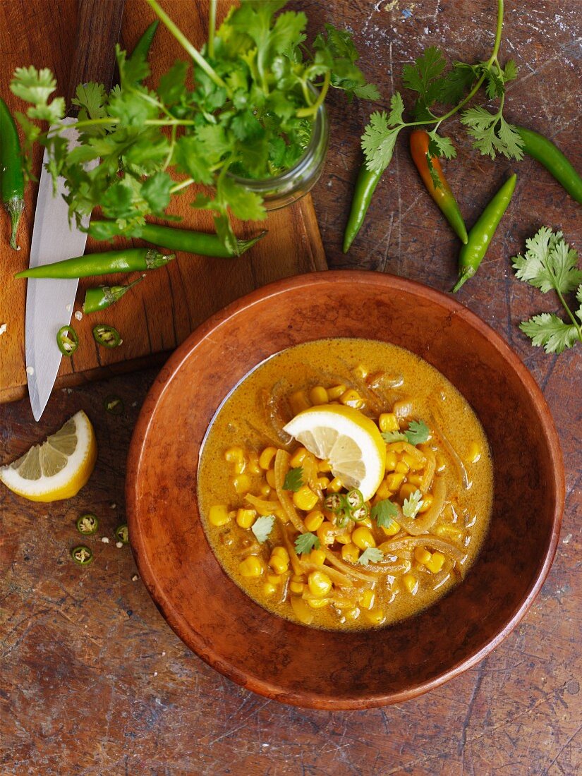 Corn soup with chilli and coriander (seen from above)