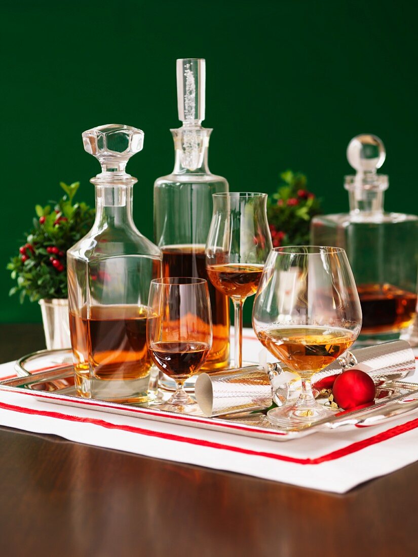 Various types of brandy on a tray