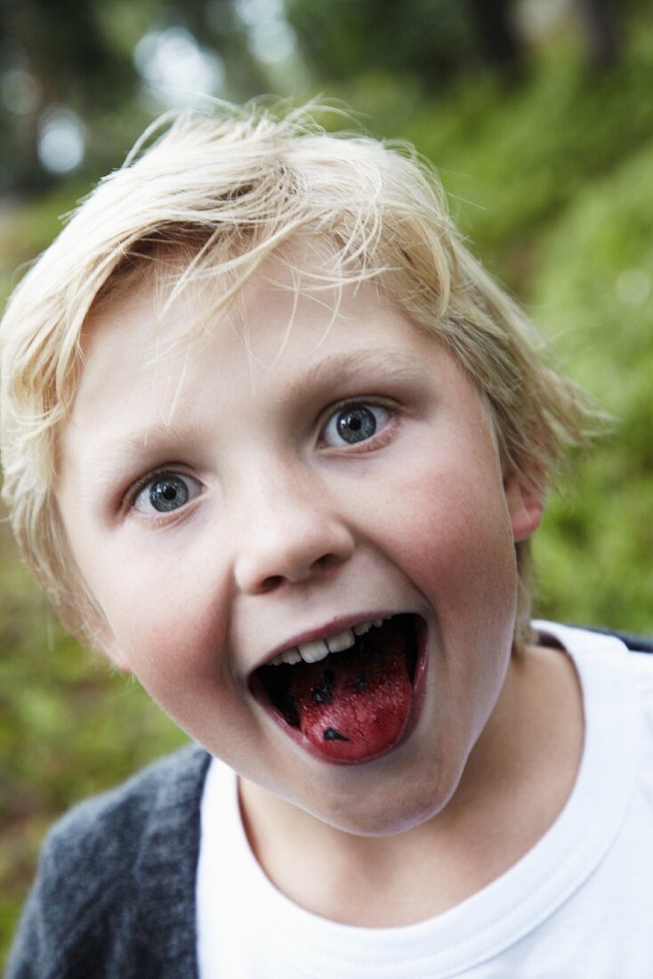 Junge zeigt seine von Heidelbeeren gefärbte Zunge