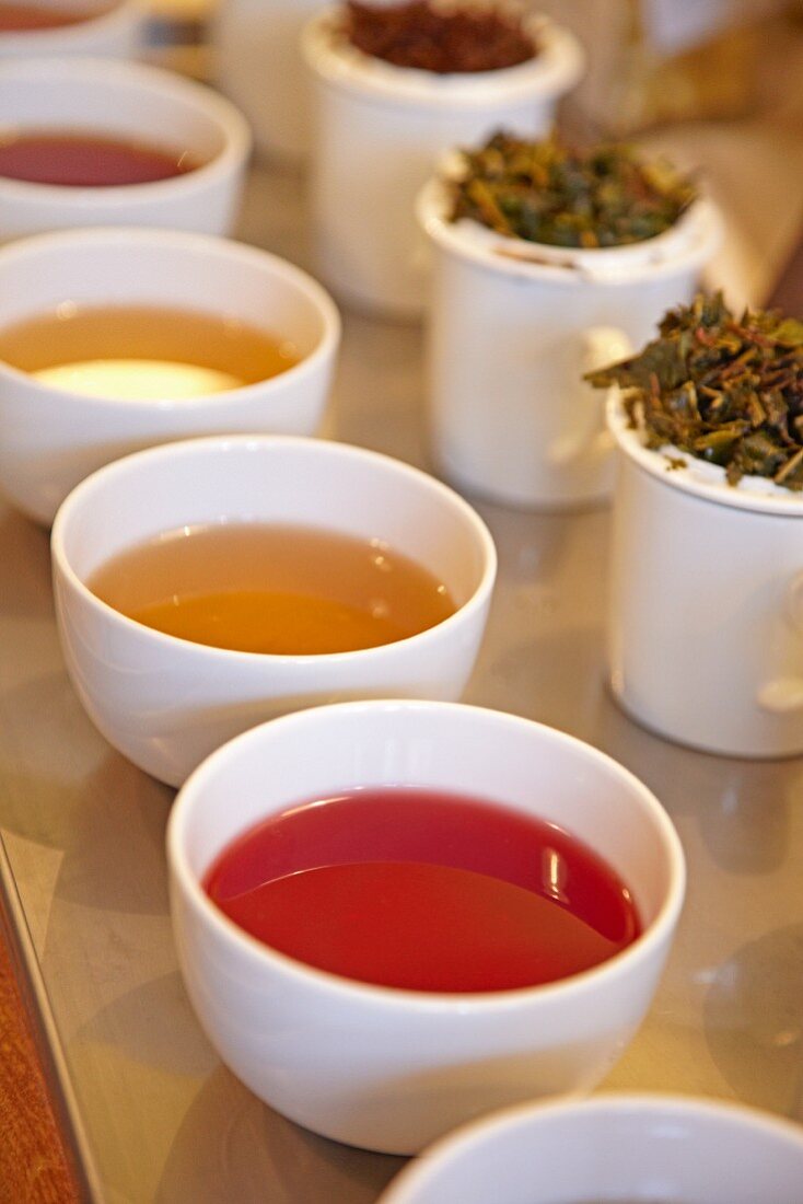 Various types of tea in bowls